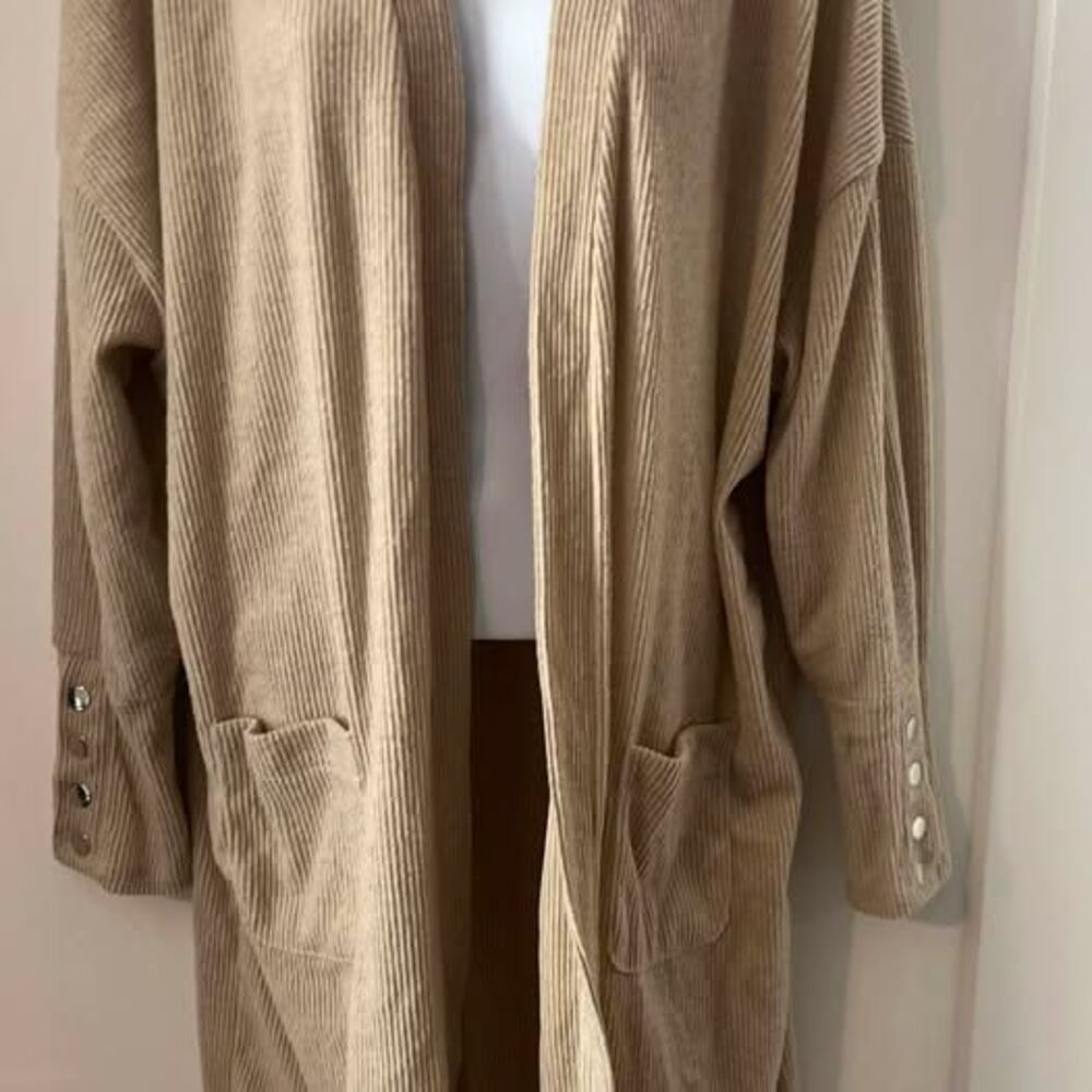 New York Laundry Tan Ribbed Longline Duster Cardigan Jacket Pockets XL